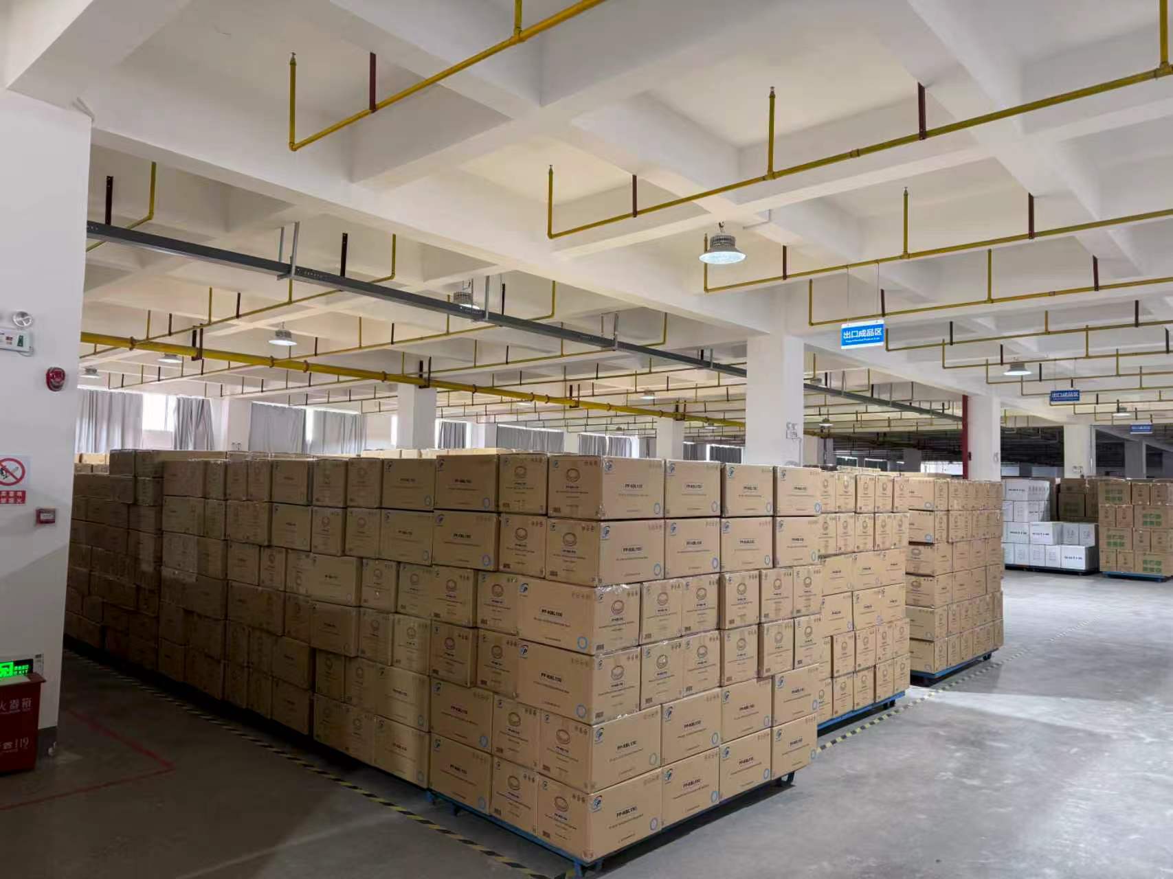 Finished packaging cartons stocked in the warehouse