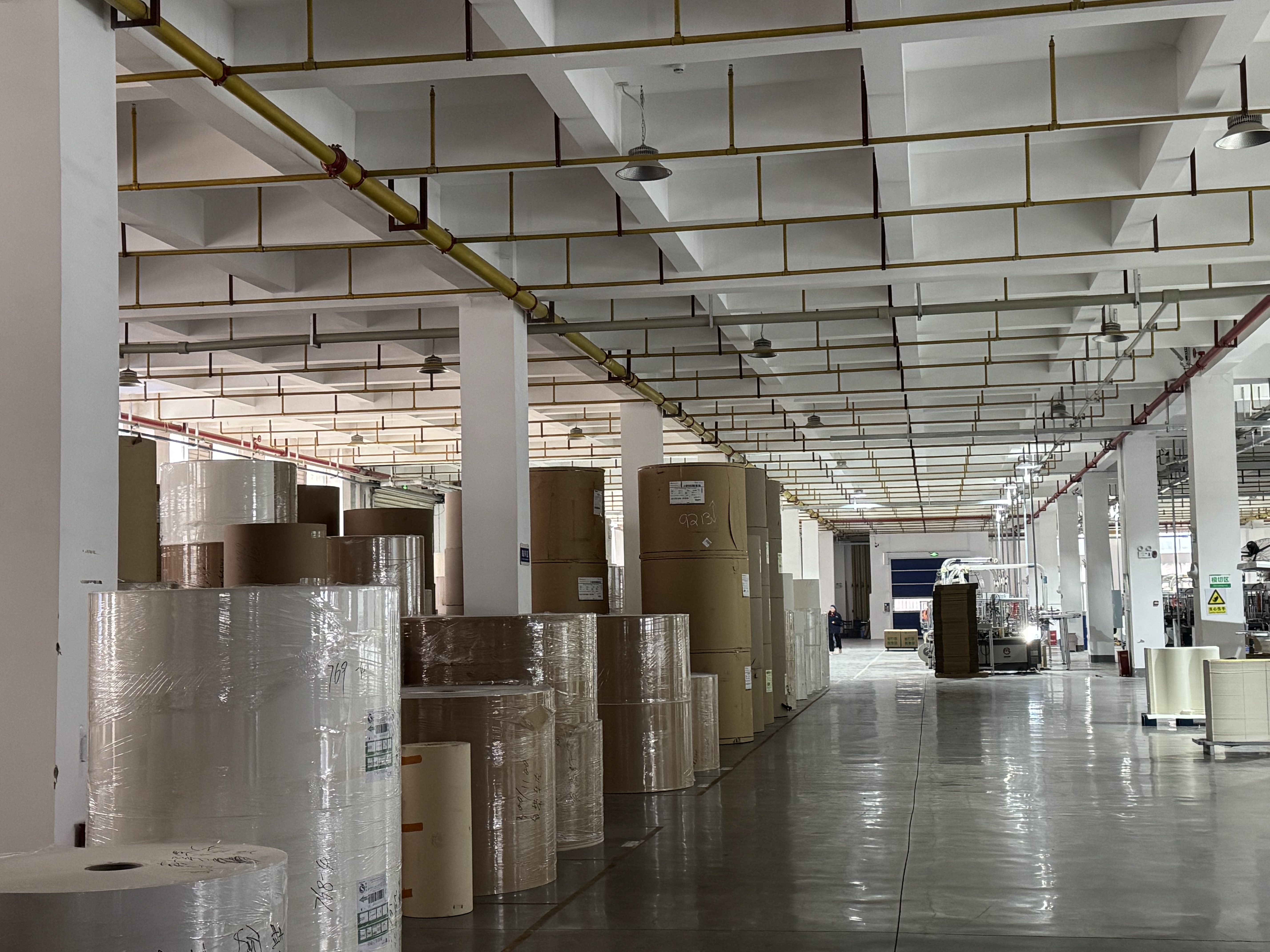 Paper stock rolls inside a manufacturing facility
